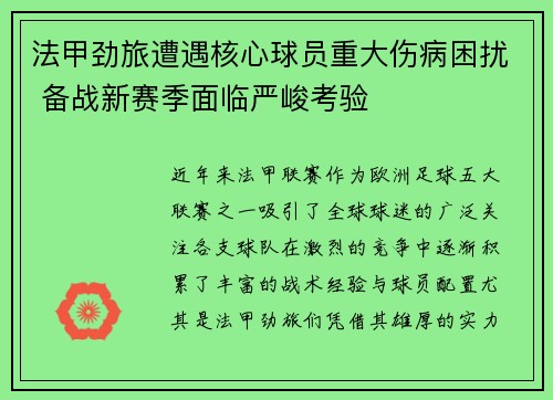 法甲劲旅遭遇核心球员重大伤病困扰 备战新赛季面临严峻考验