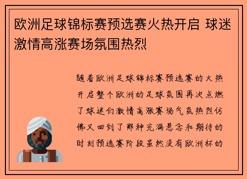 欧洲足球锦标赛预选赛火热开启 球迷激情高涨赛场氛围热烈