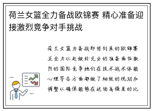 荷兰女篮全力备战欧锦赛 精心准备迎接激烈竞争对手挑战